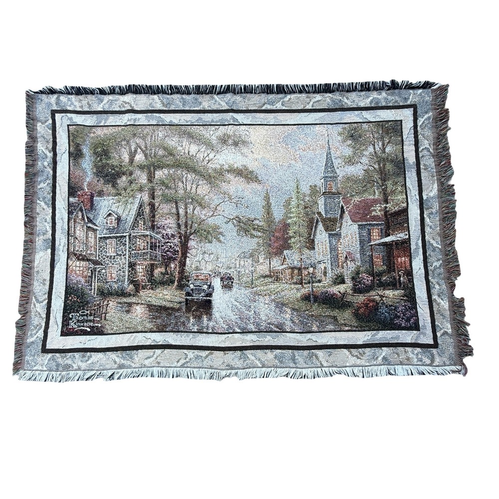 Mohawk Thomas Kinkade Woven Throw Blanket Village Scene Tapestry Church VTG USA